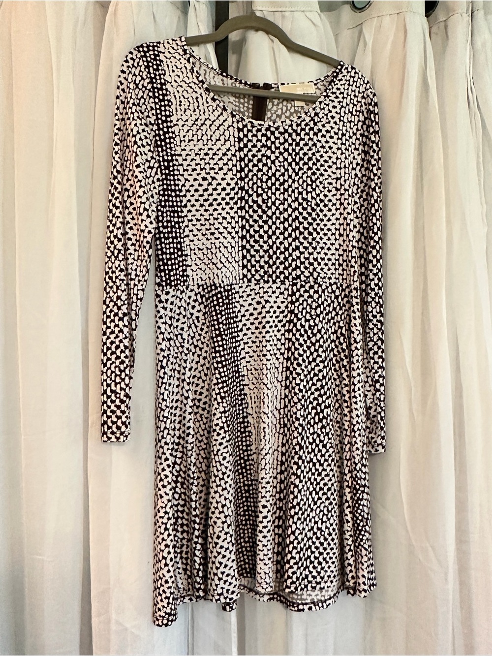 Michael Kors Long Sleeve Dark Brown  and White Patterned Fit-and-Flare Dress - Picture 2 of 6